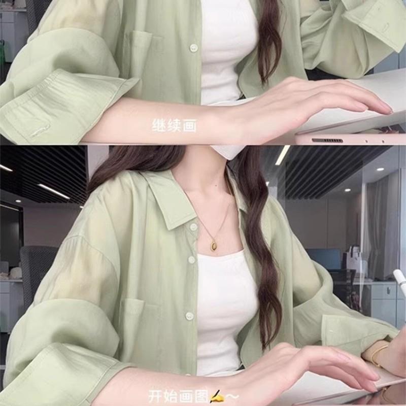 法国Rouje Dsyle雪纺上衣衬衣女款夏季薄款高级感防晒薄荷绿衬衫