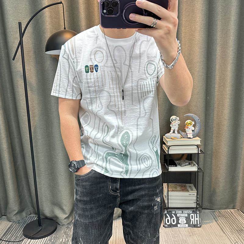 潮牌满身印花短袖t恤衫夏季高端麻料天丝棉麻半袖体恤衫修身上衣