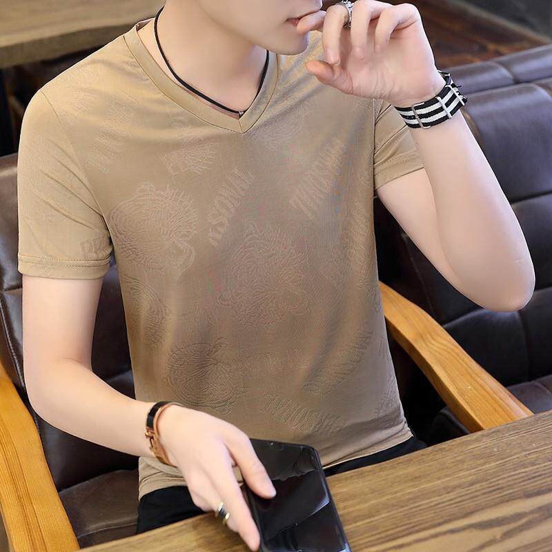 潮牌男士短袖T恤V领夏季薄款桑蚕丝潮流修身半袖休闲冰丝印花体恤