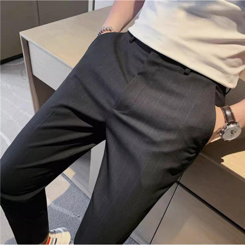 高端条纹休闲西裤男2026春秋季新款商务直筒九分裤修身小脚长裤子