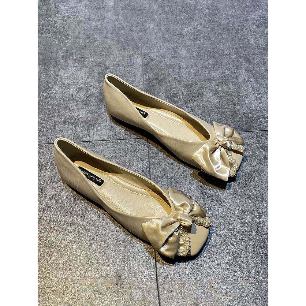 香港春季女式平底鞋浅平底鞋方趾软底豆豆鞋真皮新女式鞋弓勺鞋