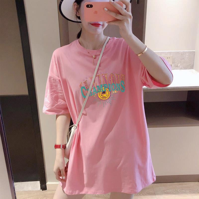 韩版2026夏下半身失踪粉色短袖印花t恤女休闲宽松中长版大尺码欧