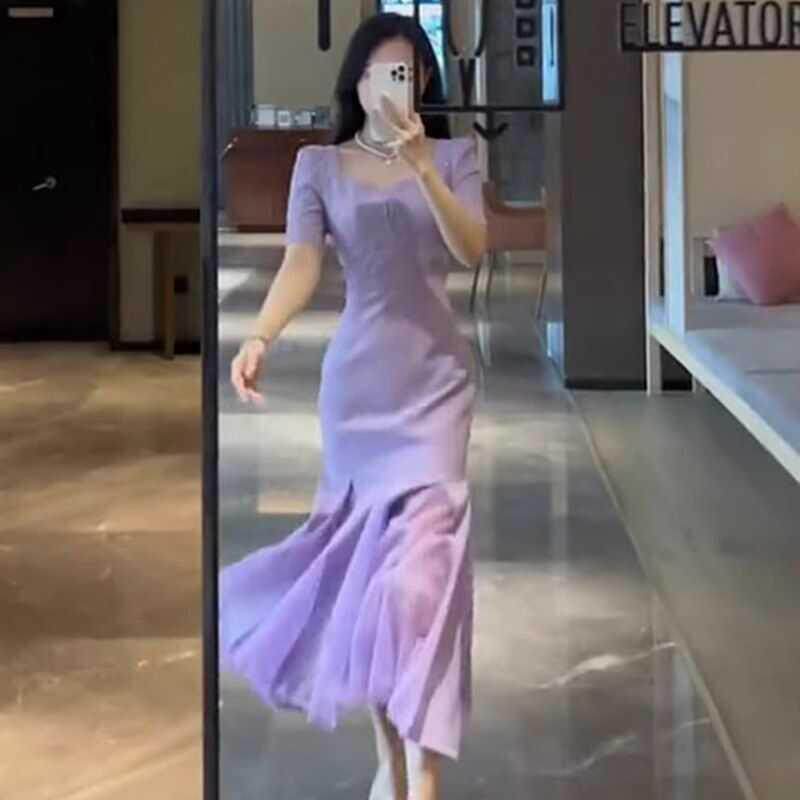 FAshi 夏季小众设计显身材气质连衣裙女神范法式紫色长款鱼尾裙子