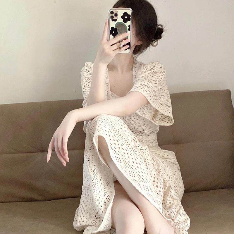 FAshi 夏季新款法式镂空刺绣方领洋装女神范度假高腰中长版裙子
