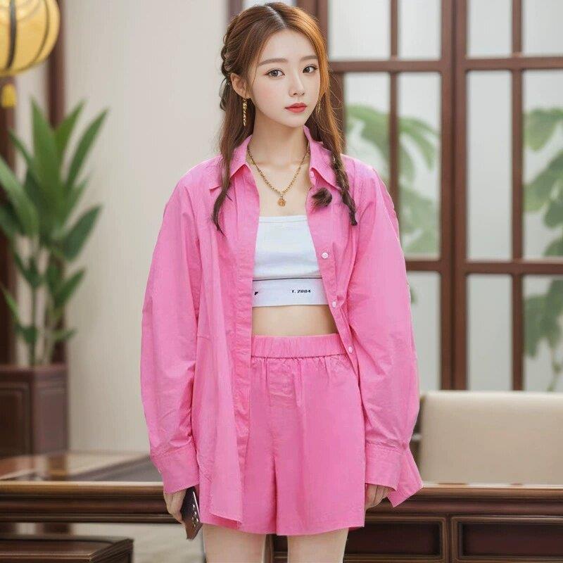 粉色甜美宽松中长版衬衫上衣高腰短裤时尚休闲套装女春夏款两件套