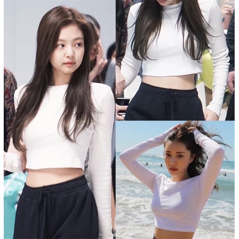 金智妮同款韩国紧身长袖T恤女漏肚脐高腰短款修身露脐打底衫上衣