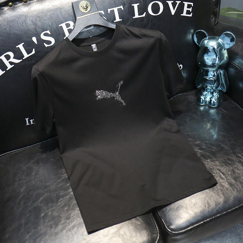 欧洲站~潮牌烫钻!短袖T恤男2024夏季衣服丝光棉修身大码半袖男