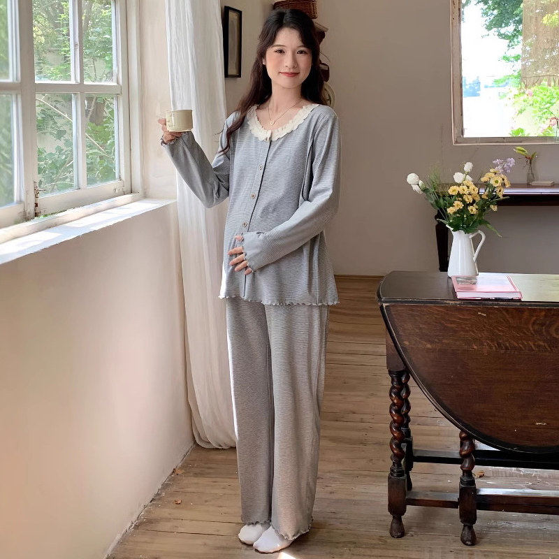 秋冬带胸垫月子服条纹产后哺乳服