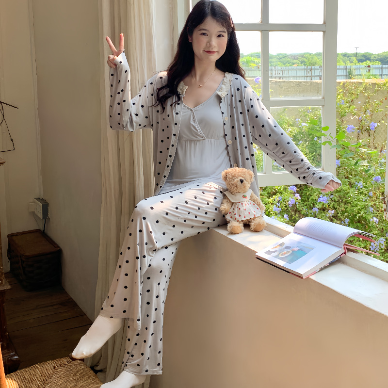 三件套带胸垫莫代尔月子服春秋季5月6月产后哺乳睡衣怀孕期家居服