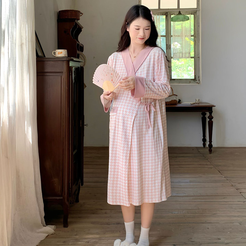 纯棉月子服春秋季孕妇睡裙产后哺乳裙子喂奶睡袍怀孕期家居服34月