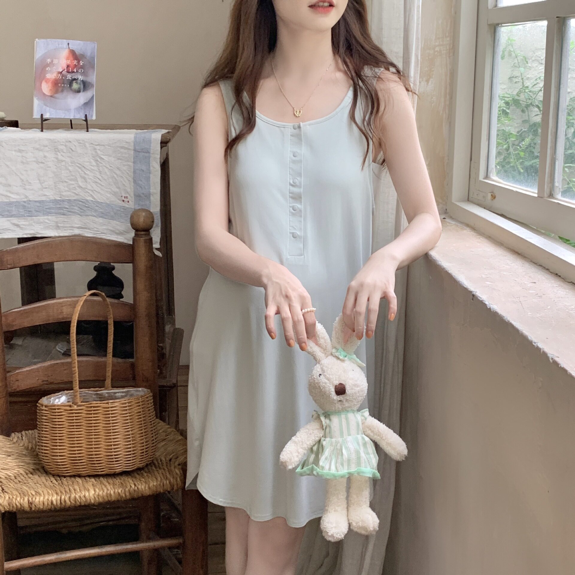 带胸垫孕妇睡裙夏季薄款月子服莫代尔睡衣怀孕期喂奶哺乳裙5678月