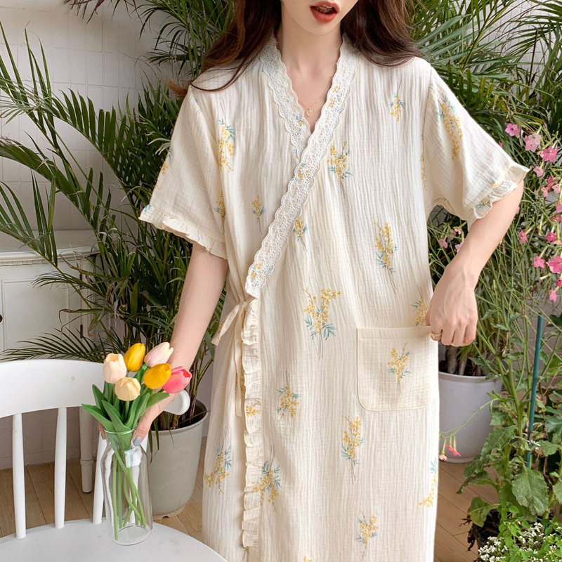 新中式汉服宽松睡裙和服孕妇裙薄款产后睡衣夏纱布短袖哺乳月子服