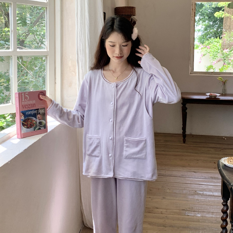秋冬薄款水貂绒月子服产后喂奶套装孕妇待产哺乳怀孕期家居服睡衣