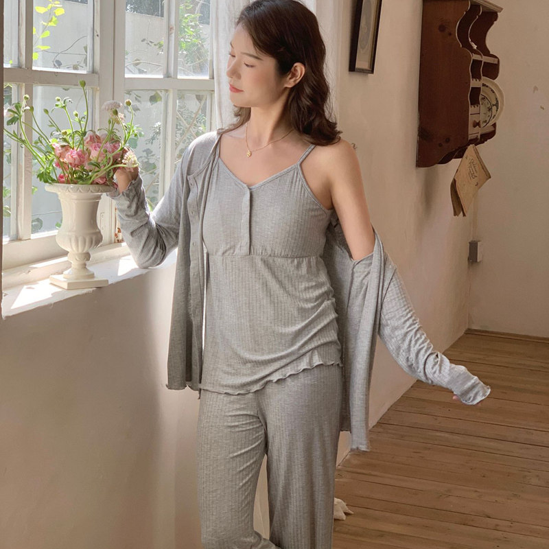 三件套带胸垫月子服春夏季薄款莫代尔产后哺乳睡衣孕妇产妇56月份