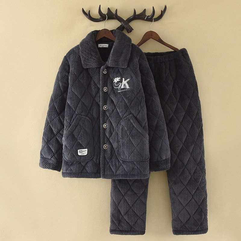 秋冬季男士睡衣法兰绒三层夹棉袄加厚保暖家居服中年大码套装灰色