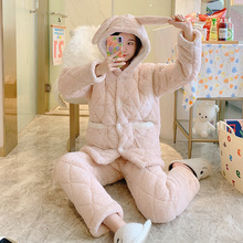 冬季睡衣女珊瑚绒三层夹棉加厚保暖加绒厚实秋冬家居服套装可外穿
