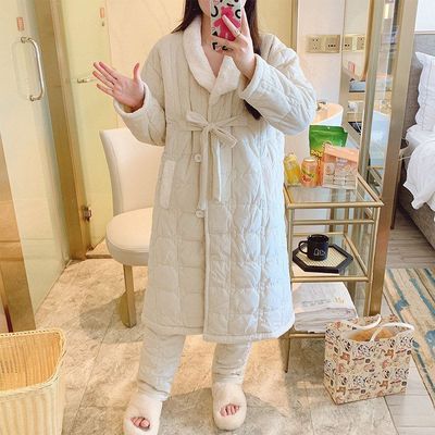睡袍加裤子三层夹棉睡衣女秋冬季浴袍加长款加厚可外穿家居服套装