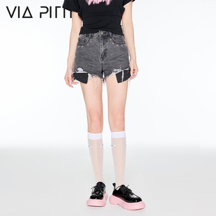 VIAPITTI星星牛仔短裤女高腰夏时髦新款高腰流苏短裤设计感