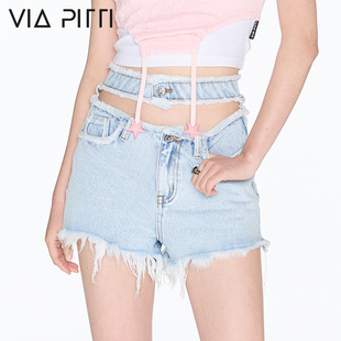 VIAPITTI海滨派对系列挖空双腰牛仔短裤女夏季纯棉热裤