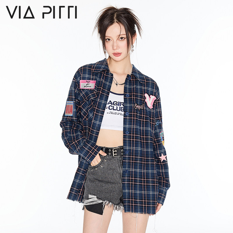 VIAPITTI新款设计感印花格子衬衫宽松长袖外套薄款上衣女明星同款
