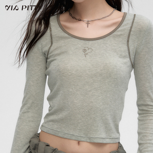 VIAPITTI灰色大圆领立体印花长袖T恤女夏季凉感修身含羊毛上衣