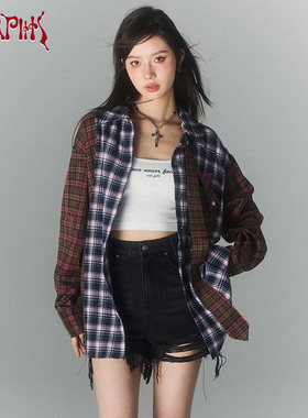 VIAPITTI蝴蝶系列拼接格子衬衫女复古宽松设计感早春新款长袖上衣