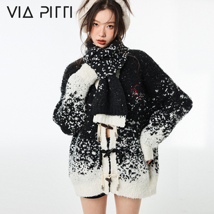 VIAPITTI加厚重工芝麻色加厚毛衣外套女秋冬宽松小众设计感慵懒