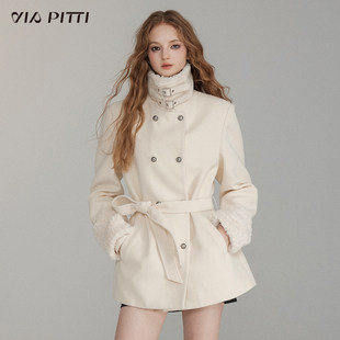 VIAPITTI重工毛毛拼接时髦腰带收腰大衣女装秋冬设计感中长款外套