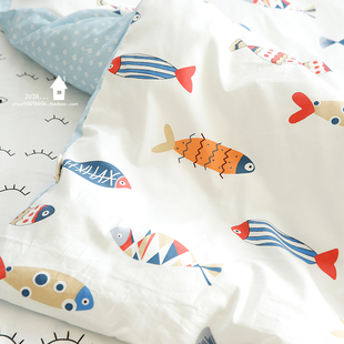 年年有鱼 纯棉全棉60支贡缎幼儿园婴儿适用床品被套布料面料