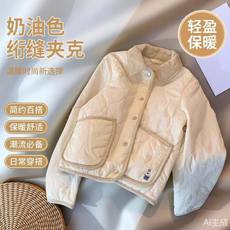 韩版小熊刺绣菱格棉服女秋冬季2025新款宽松棉袄短款小个子棉衣潮