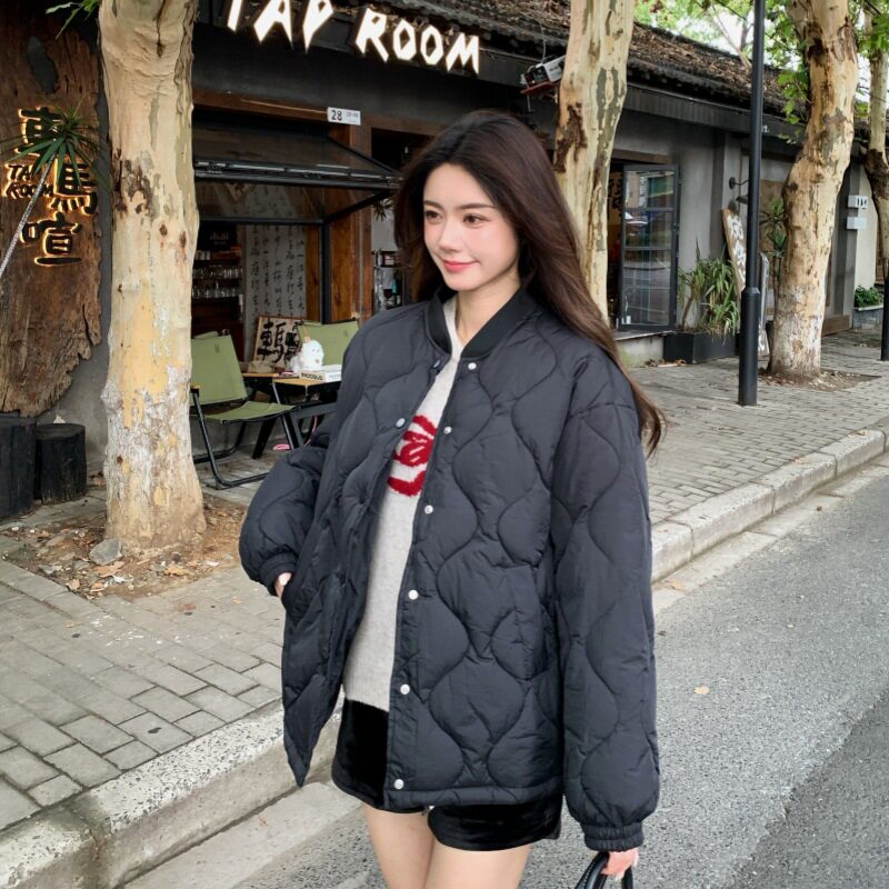 2025新款女百搭加厚保暖韩版宽松时尚短款菱形格棒球服羽绒棉服女