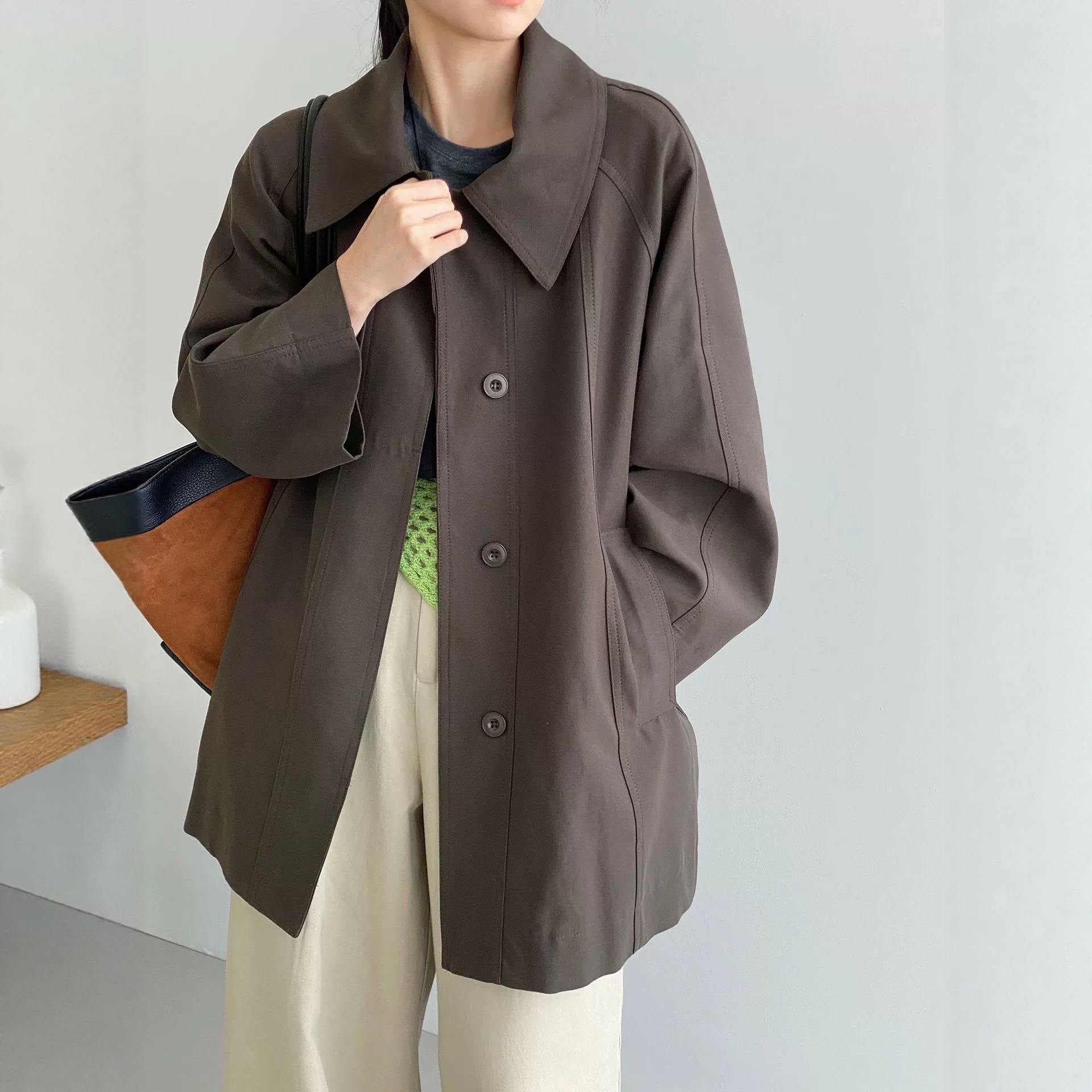 luxe柏林假日~韩系慵懒风宽松翻领风衣女感气质中长款外套大衣女