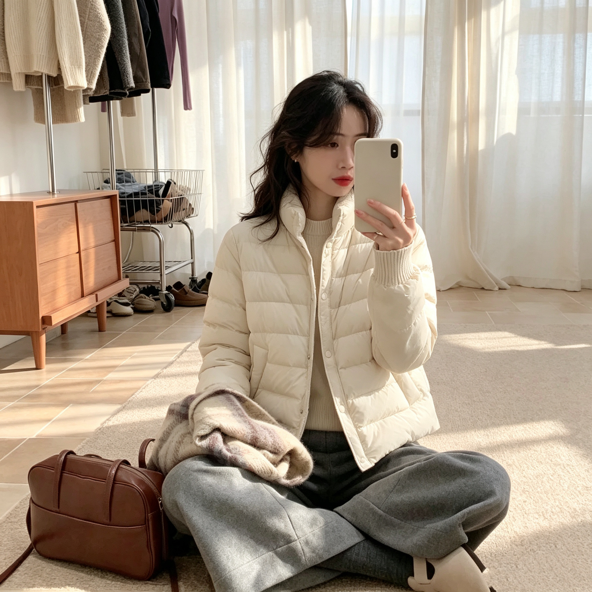 秋冬新款时尚针织立领拼接90白鸭绒排骨羽绒服女保暖轻薄打底外套