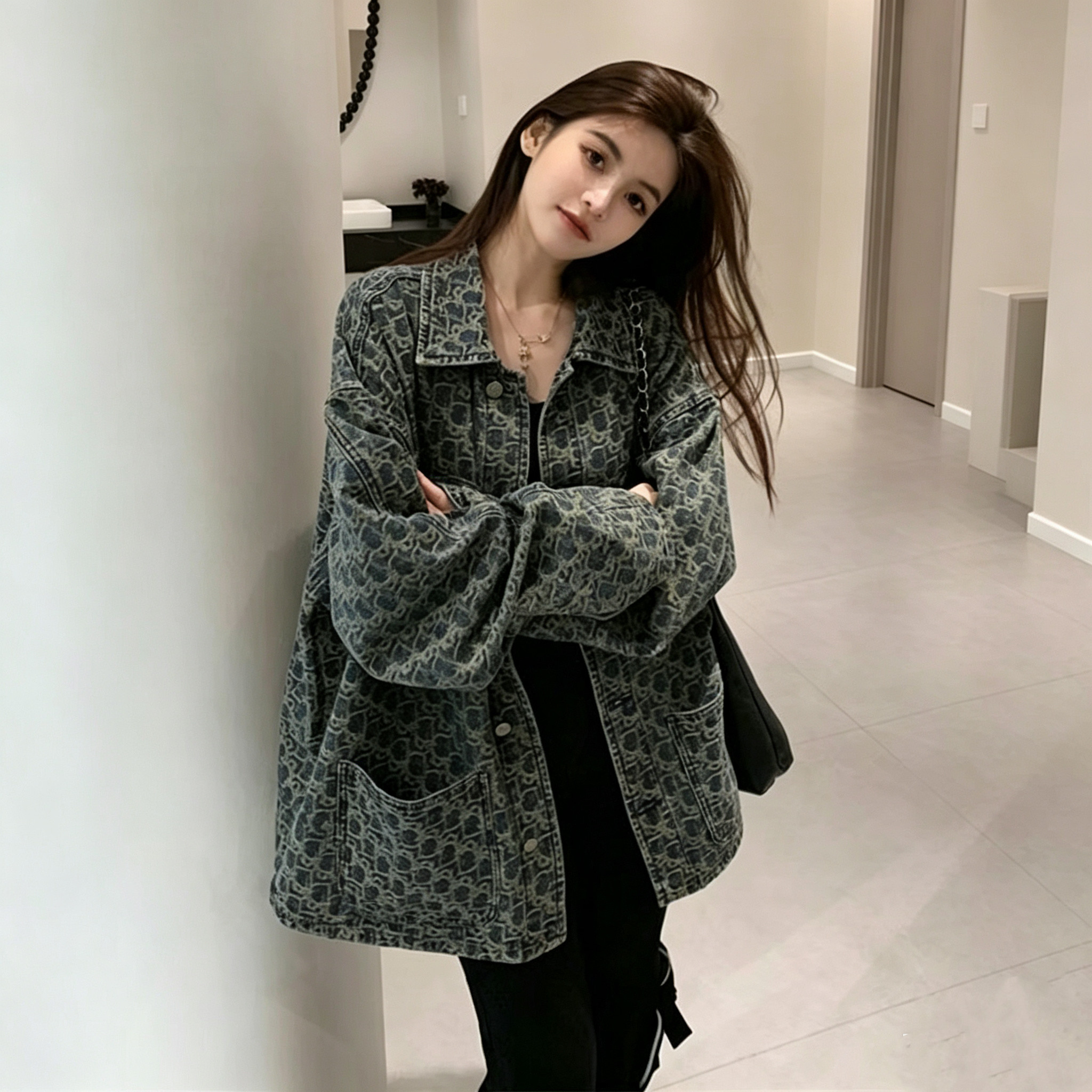 复古满印提花牛仔外套女春秋宽松oversiz中长款做旧休闲夹克上衣