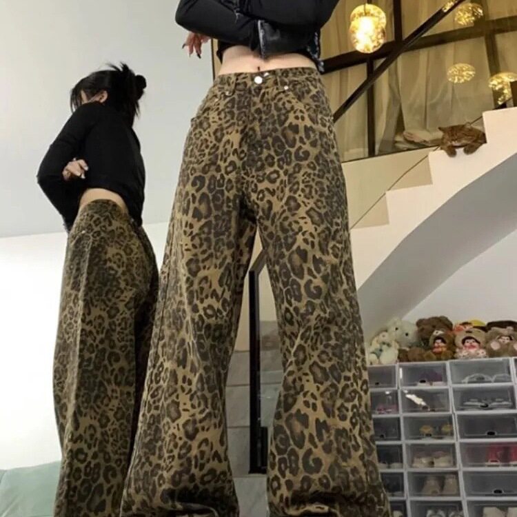 韩牛水洗豹纹高腰直筒显瘦牛仔裤