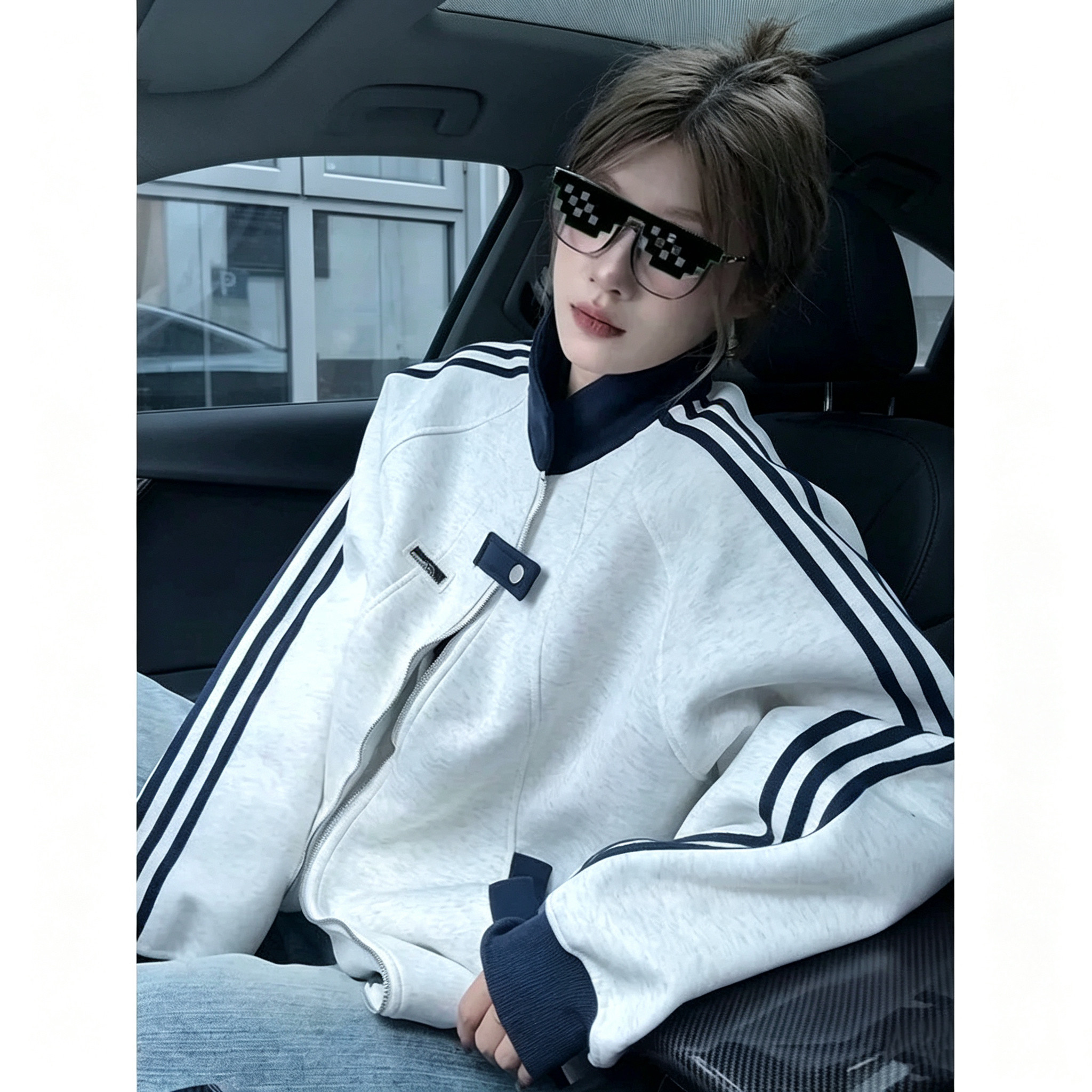 立领三条杠刺绣外套女春秋休闲运动服百搭显瘦夹克衫开衫棒球服女