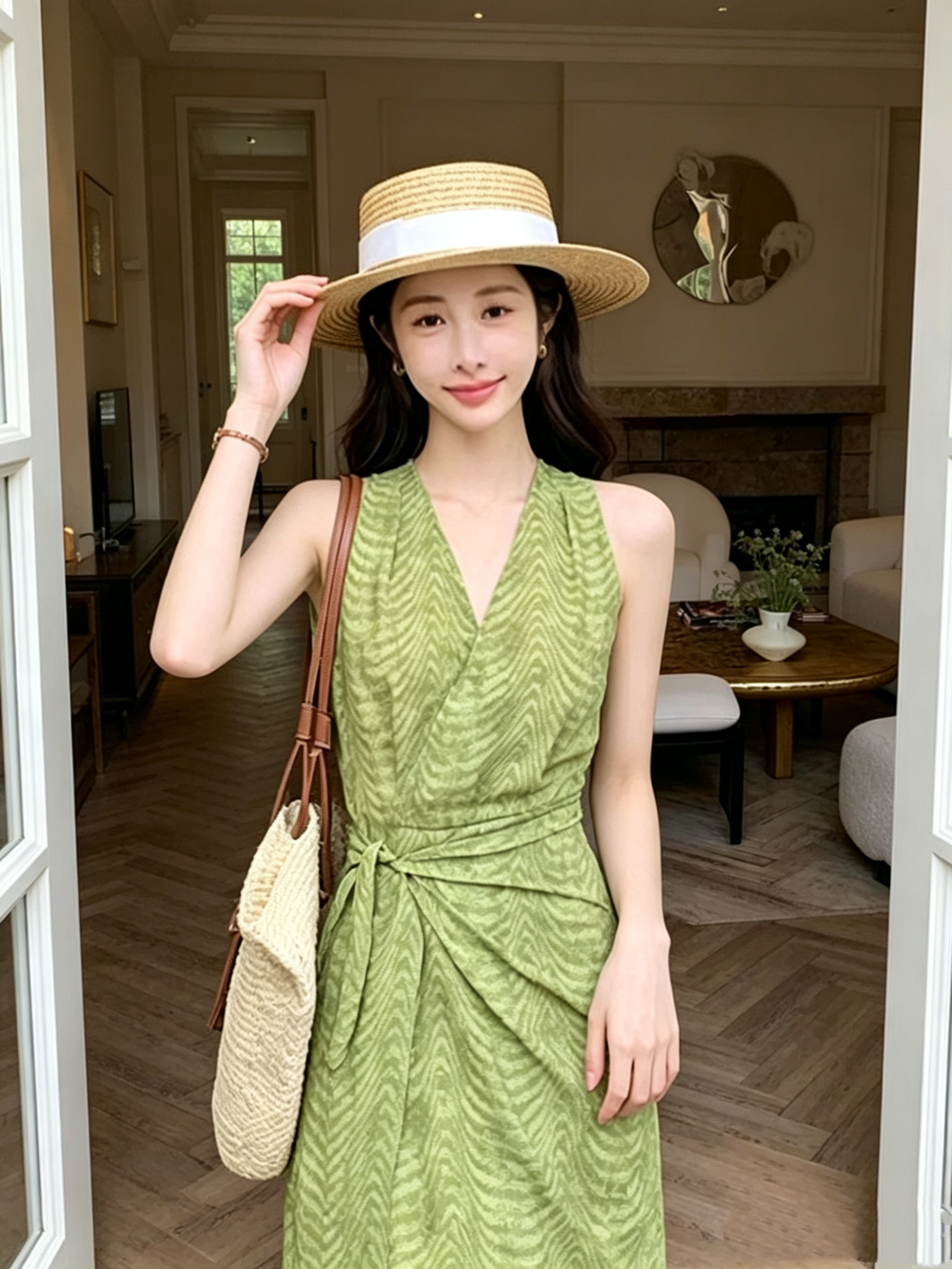 田园风绿色无袖背心裙女2026年夏季新款度假法式v领系带连衣裙子