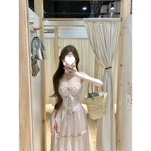 单排扣修身 纯欲风木耳边拼接小众吊带连衣裙女2025夏季 显瘦A字裙