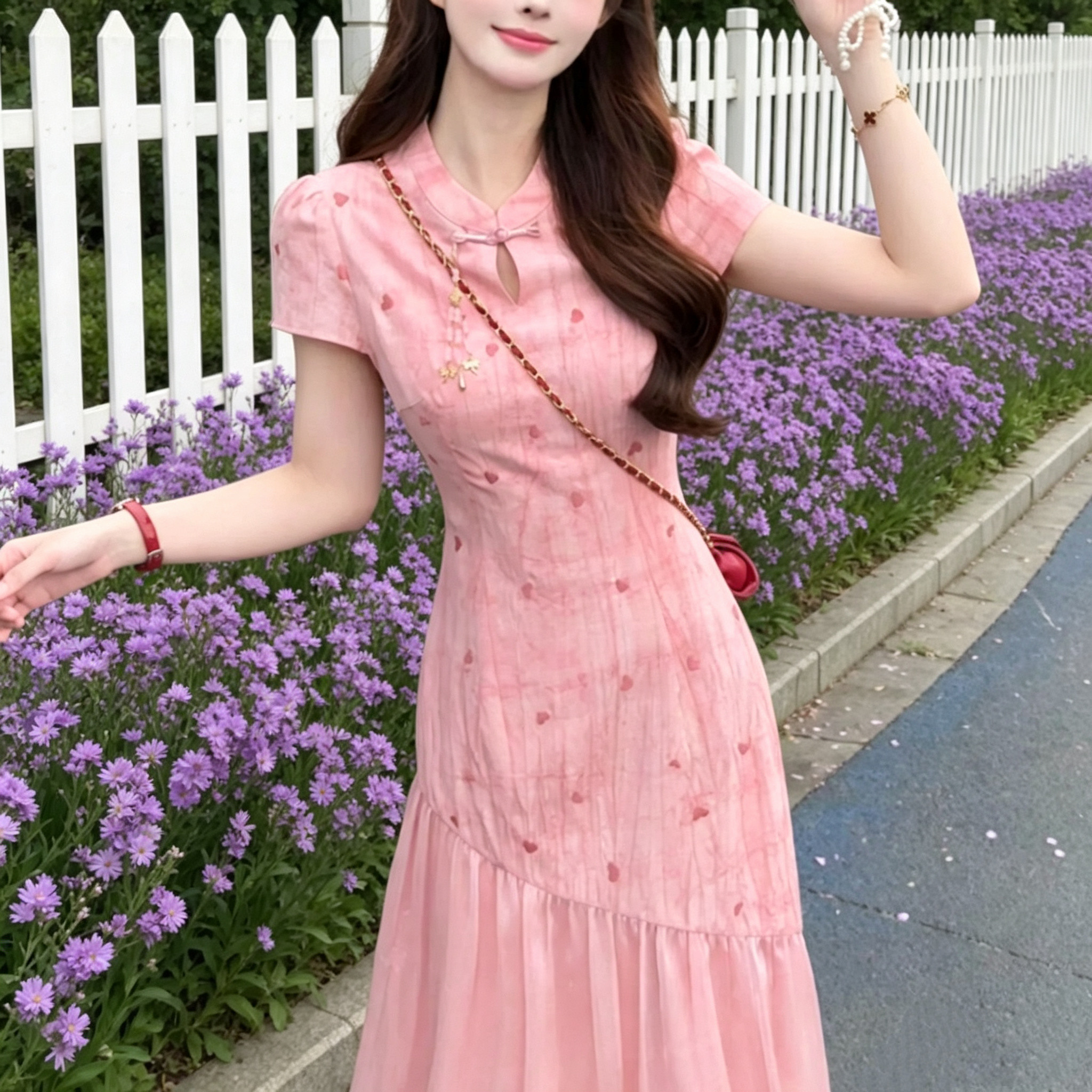 2026新款新中式晕染粉色日常刺绣假两件连衣裙女夏显白减龄长裙子