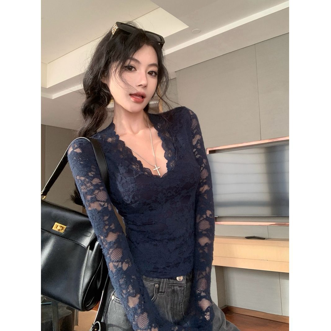 纯欲风v领长袖T恤女秋冬蕾丝拼接修身显瘦内搭短款收腰打底衫上衣