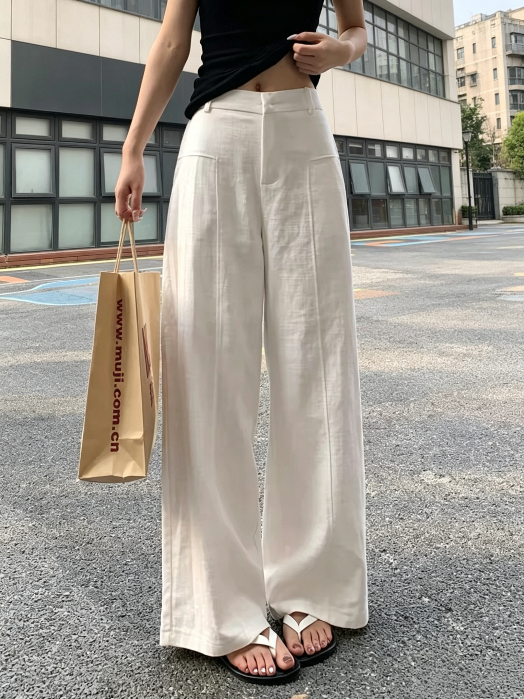 白色亚麻阔腿裤女2026夏季薄款高腰垂感老钱风西装直筒棉麻休闲裤