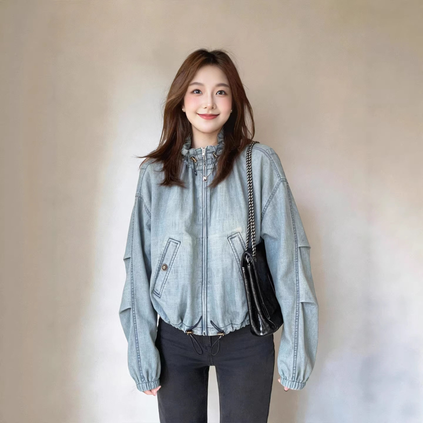 韩式慵懒风复古蓝色水洗牛仔外套女2026春夏新款拉链抽绳短款夹克