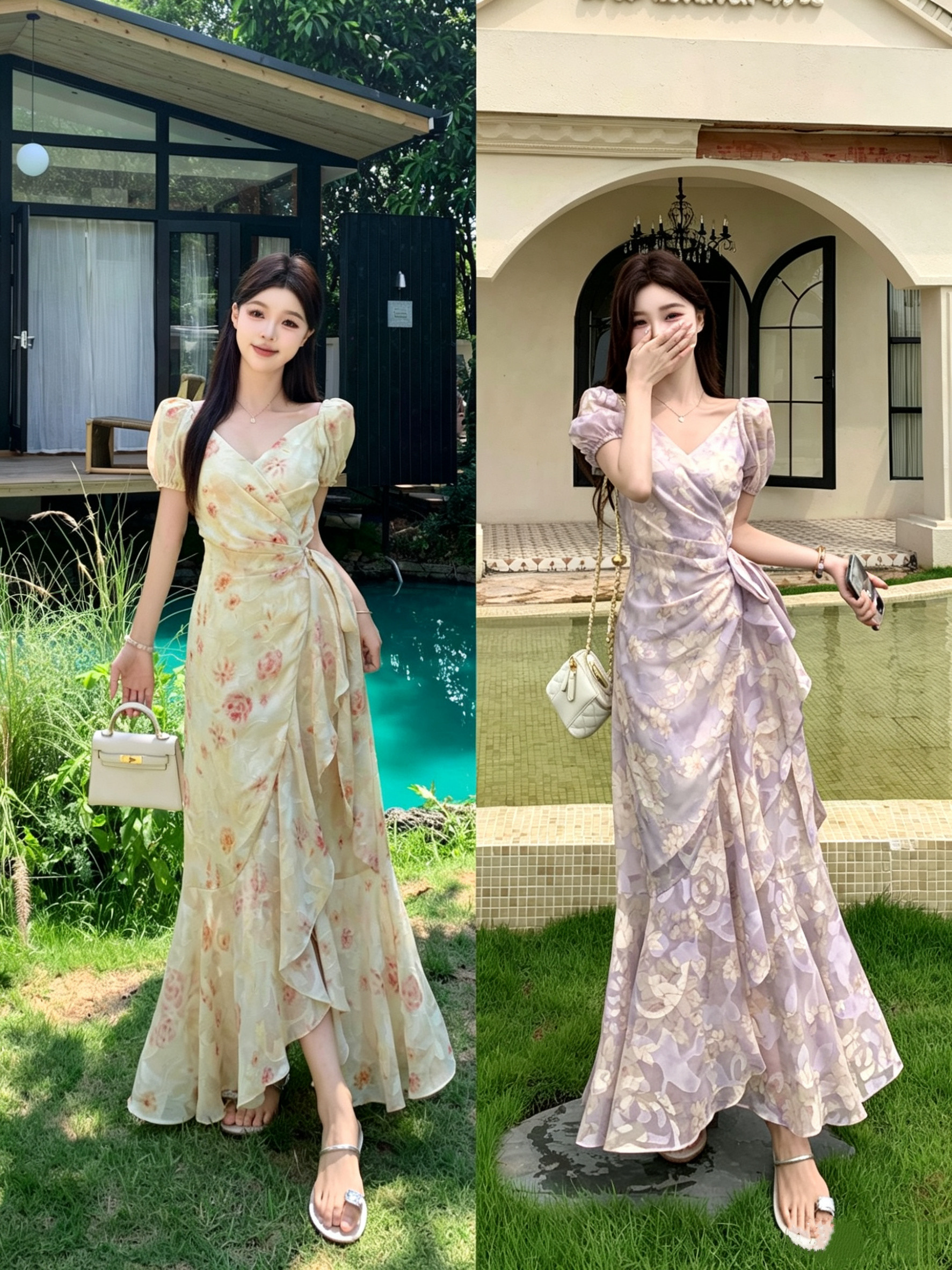 一片式绑带连衣裙女2026年大码女装轻奢夏天法式浪漫裙摆印花裙子
