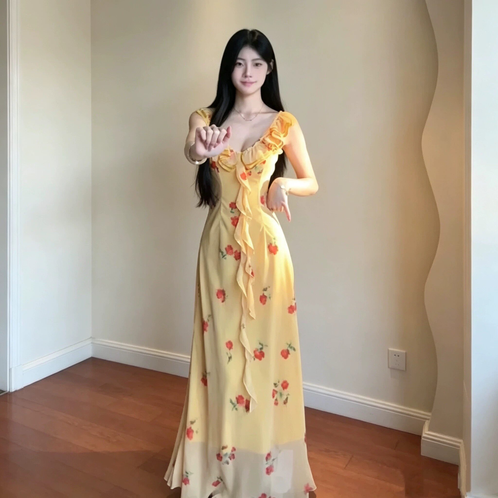 黄昏玫瑰 花边吊带碎花连衣裙鱼尾长裙法式V领荷叶边设计感度假裙