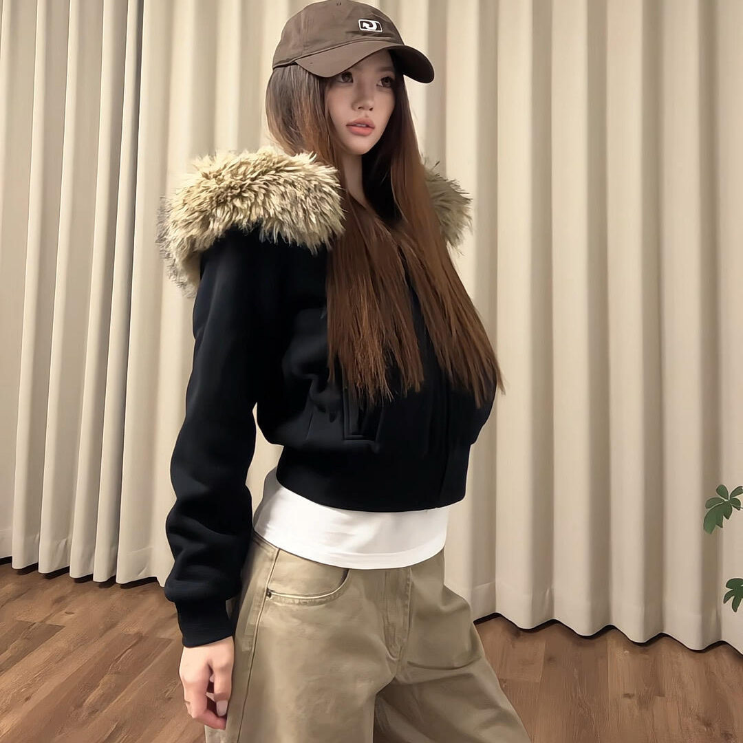 美式毛毛领连帽卫衣外套女款秋季小个子短款修身收腰夹克上衣秋冬