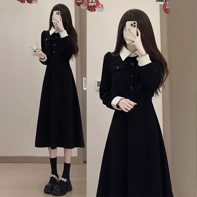 黑色法式长袖洋装子女早