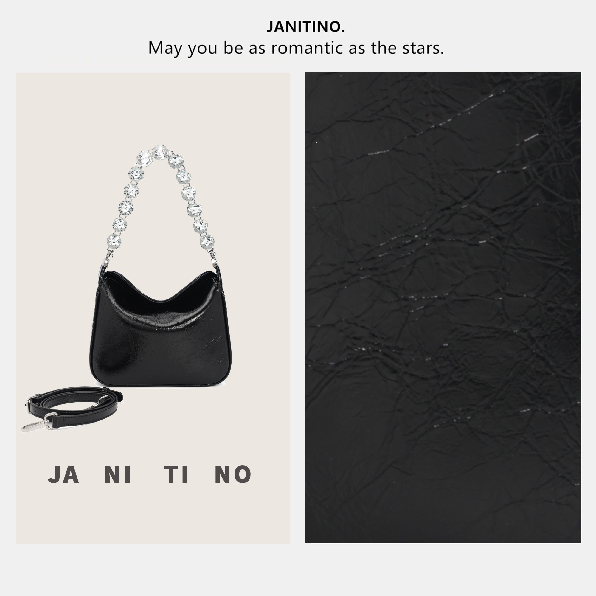 JANITINO/佳妮蒂诺新品小众设计镶钻链条腋下包女士斜跨包4736黑