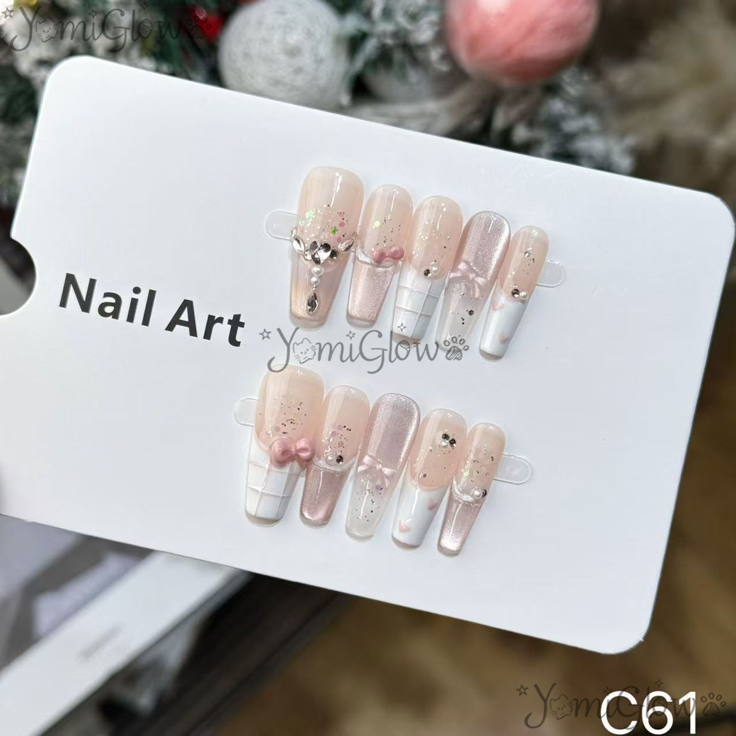 温柔蝴蝶结穿戴甲显白高级感美甲片指甲贴女中长款裸色纯手工新年