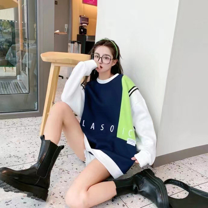 秋季新款超值拼色套头卫衣女宽松棉圈长袖T恤学生高街时尚百搭潮