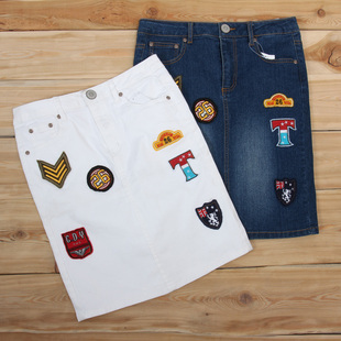 显瘦贴布补丁牛仔裙个性 超值外贸弹力修身 半身裙包臀裙子 新款 夏季